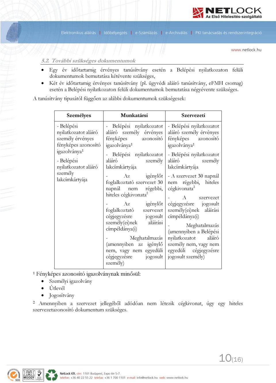 A tanúsítvány típusától függően az alábbi dokumentumok szükségesek: Személyes Munkatársi Szervezeti - Belépési nyilatkozatot aláíró személy érvényes fényképes azonosító igazolványa 1 - Belépési