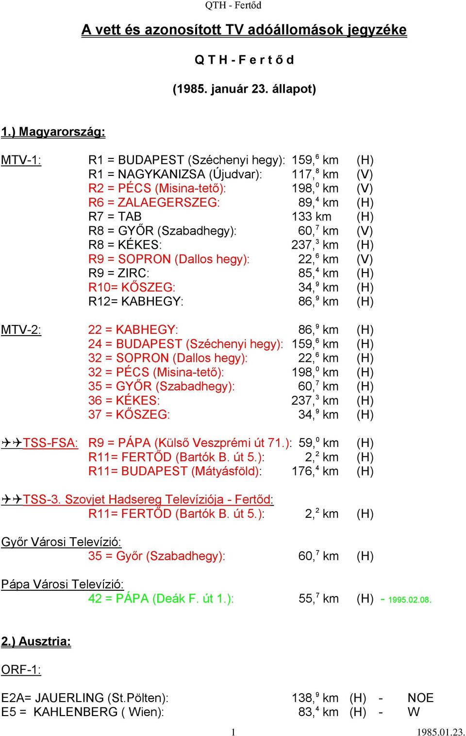 (H) R8 = GYŐR (Szabadhegy): 60, 7 km (V) R8 = KÉKES: 237, 3 km (H) R9 = SOPRON (Dallos hegy): 22, 6 km (V) R9 = ZIRC: 85, 4 km (H) R10= KŐSZEG: 34, 9 km (H) R12= KABHEGY: 86, 9 km (H) MTV-2: 22 =