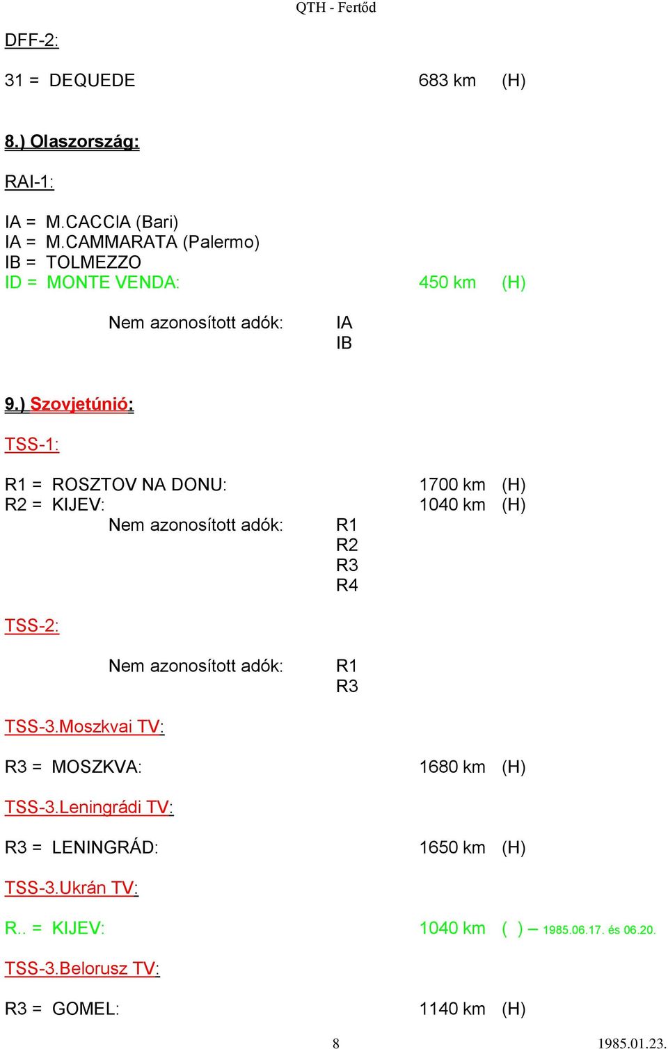 ) Szovjetúnió: TSS-1: R1 = ROSZTOV NA DONU: R2 = KIJEV: TSS-2: TSS-3.Moszkvai TV: R3 = MOSZKVA: TSS-3.