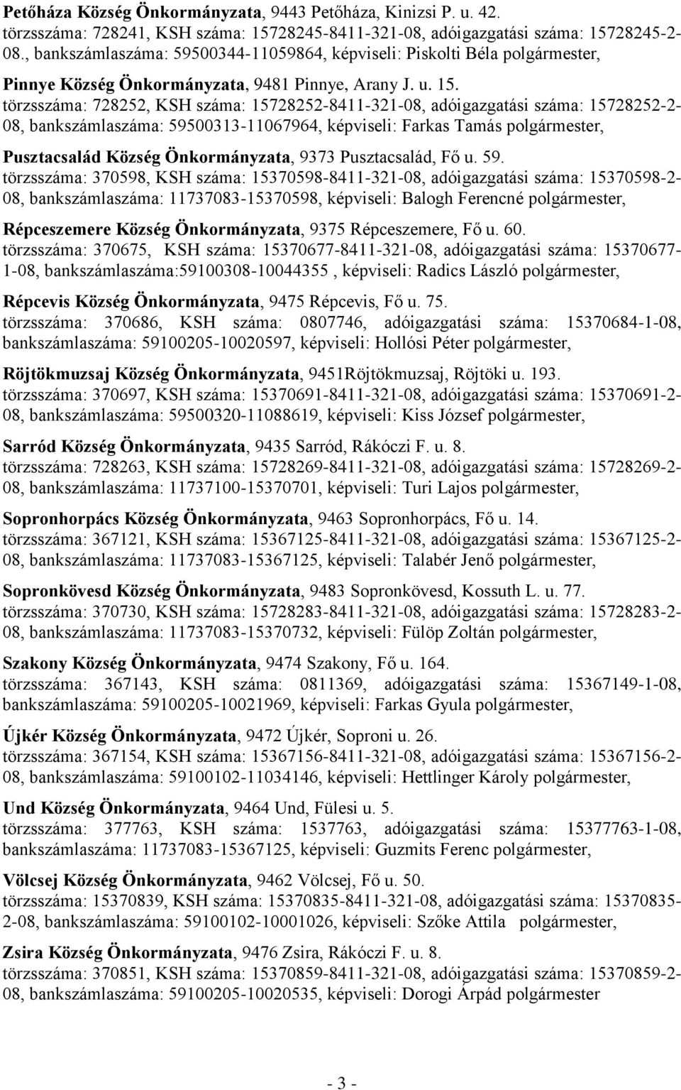 törzsszáma: 728252, KSH száma: 15728252-8411-321-08, adóigazgatási száma: 15728252-2- 08, bankszámlaszáma: 59500313-11067964, képviseli: Farkas Tamás polgármester, Pusztacsalád Község Önkormányzata,