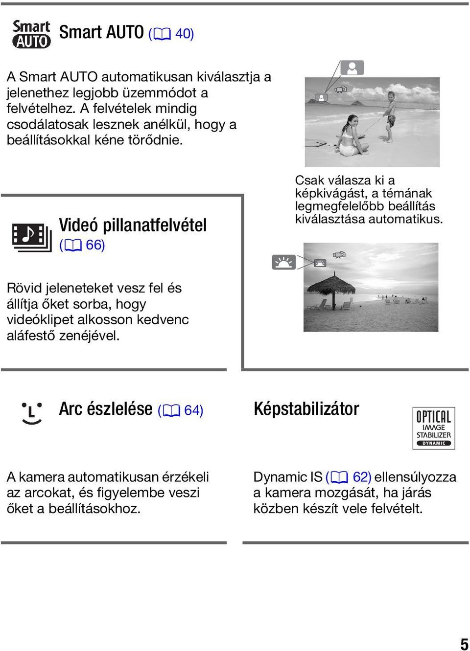 Videó pillanatfelvétel (0 66) Csak válasza ki a képkivágást, a témának legmegfelelőbb beállítás kiválasztása automatikus.