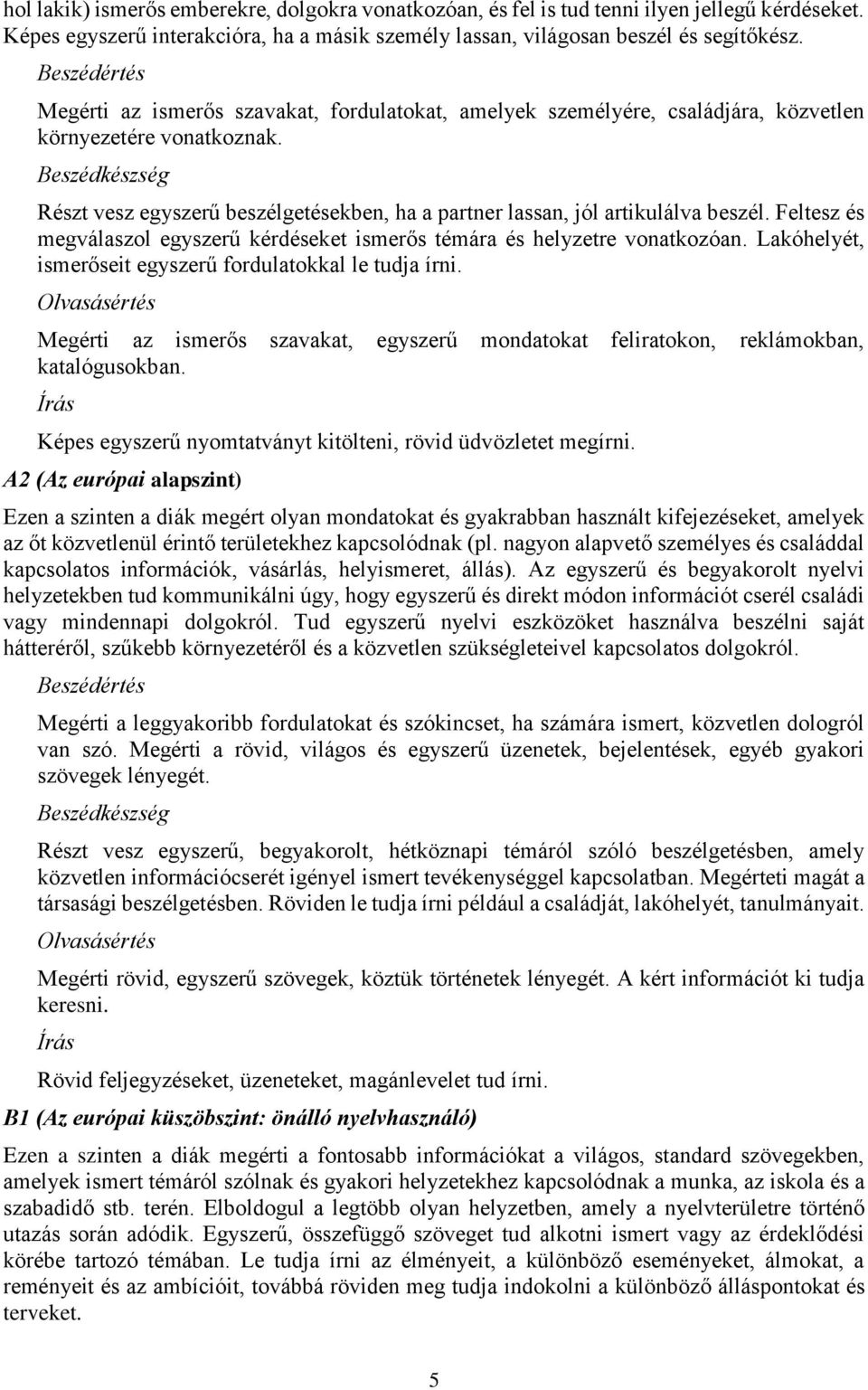 Beszédkészség Részt vesz egyszerű beszélgetésekben, ha a partner lassan, jól artikulálva beszél. Feltesz és megválaszol egyszerű kérdéseket ismerős témára és helyzetre vonatkozóan.