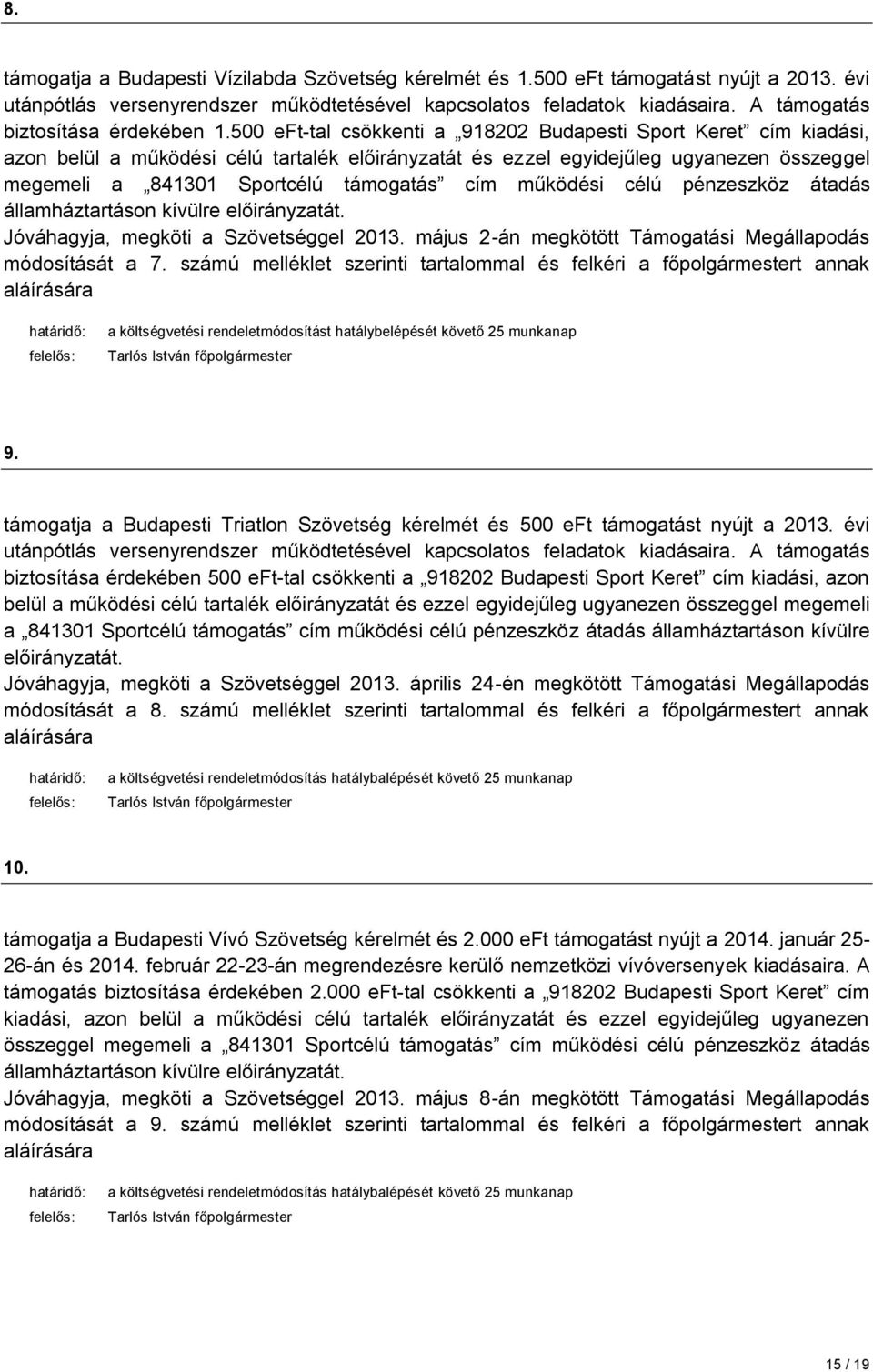 működési célú pénzeszköz átadás államháztartáson kívülre előirányzatát. Jóváhagyja, megköti a gel 2013. május 2-án megkötött Támogatási Megállapodás módosítását a 7.