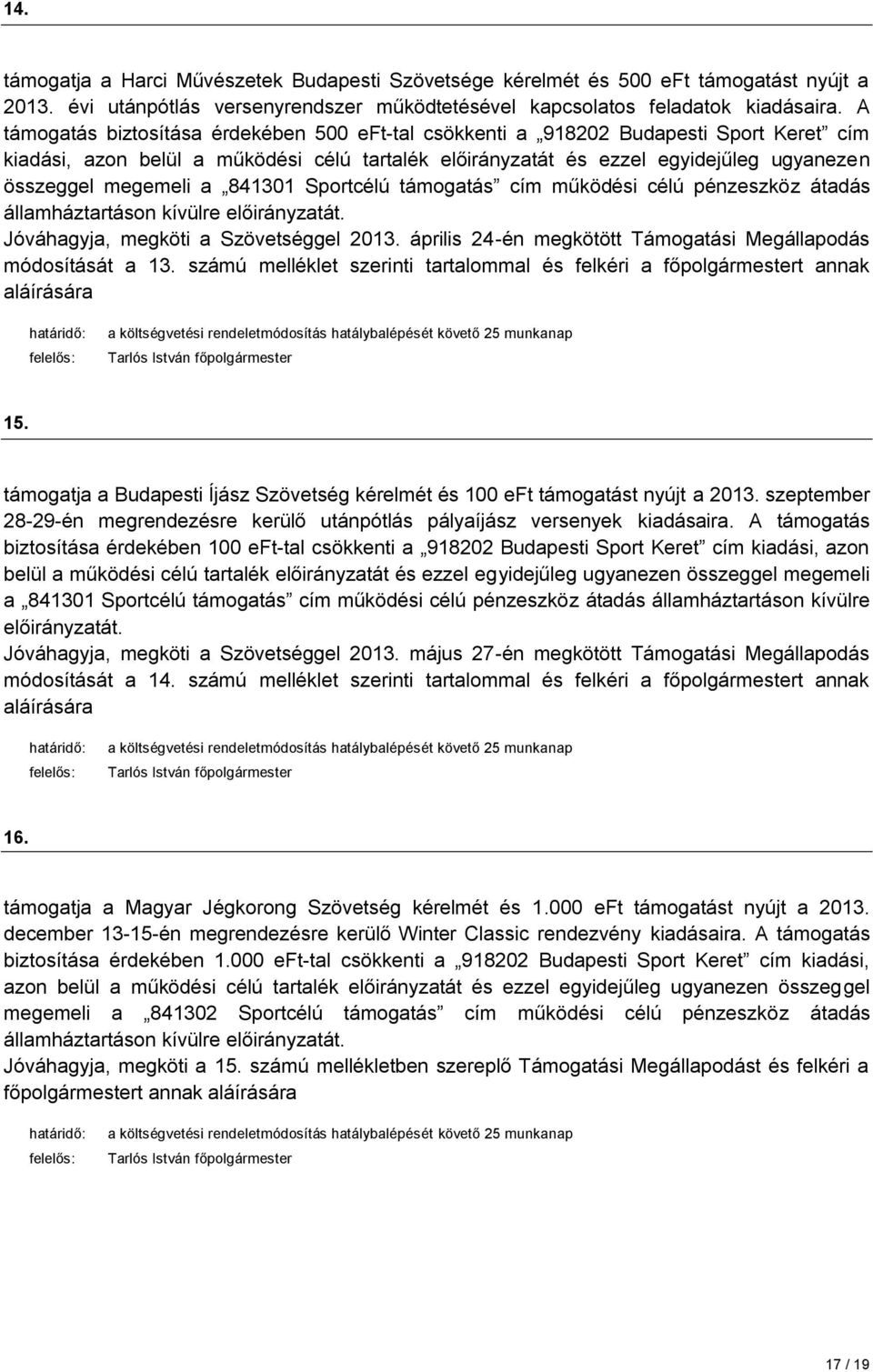 841301 Sportcélú támogatás cím működési célú pénzeszköz átadás államháztartáson kívülre előirányzatát. Jóváhagyja, megköti a gel 2013. április 24-én megkötött Támogatási Megállapodás módosítását a 13.