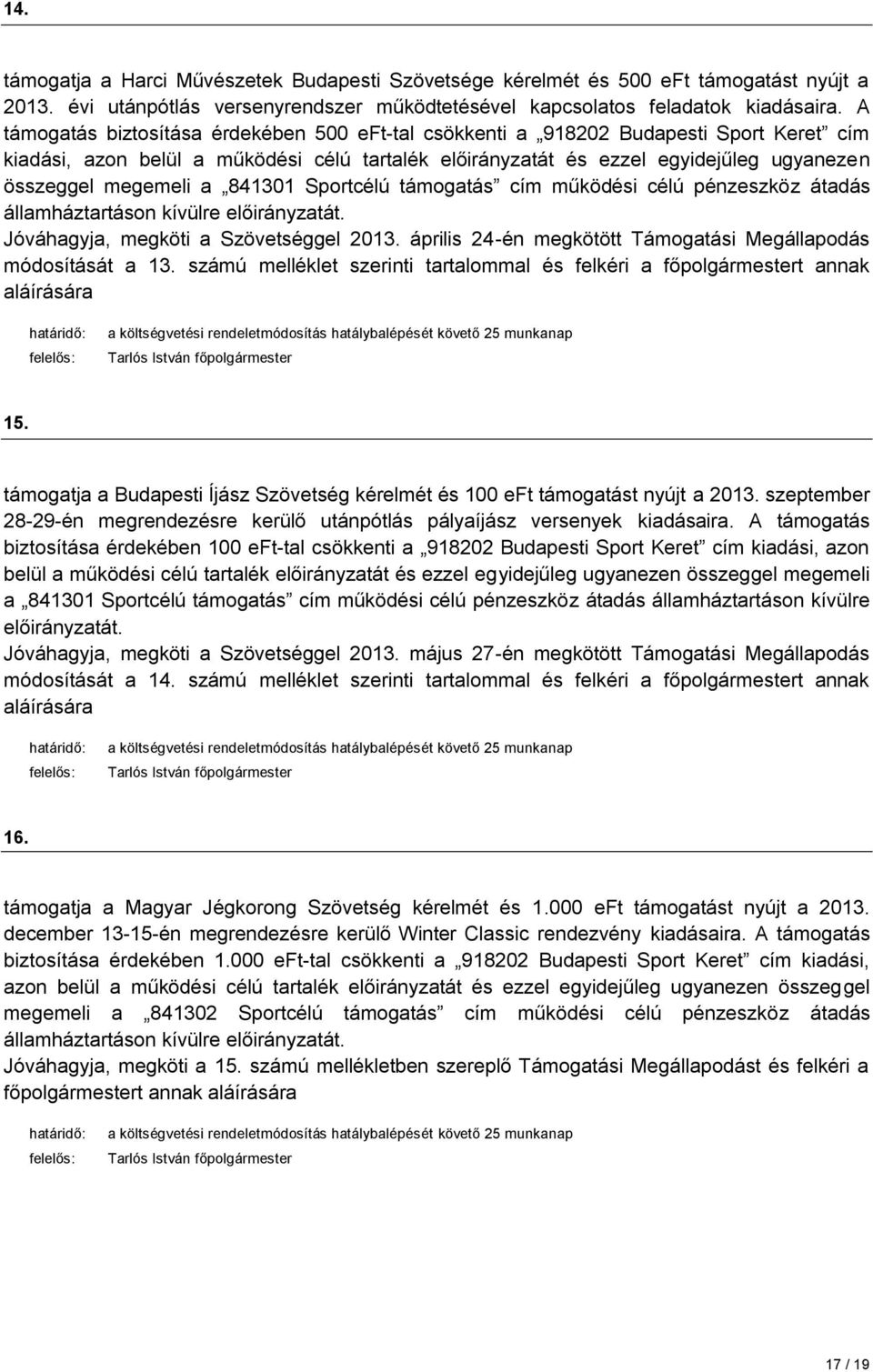 841301 Sportcélú támogatás cím működési célú pénzeszköz átadás államháztartáson kívülre előirányzatát. Jóváhagyja, megköti a gel 2013. április 24-én megkötött Támogatási Megállapodás módosítását a 13.