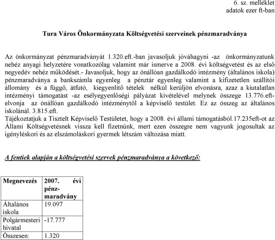 - Javasoljuk, hogy az önállóan gazdálkodó intézmény (általános iskola) pénzmaradványa a bankszámla egyenleg a pénztár egyenleg valamint a kifizetetlen szállítói állomány és a függő, átfutó,