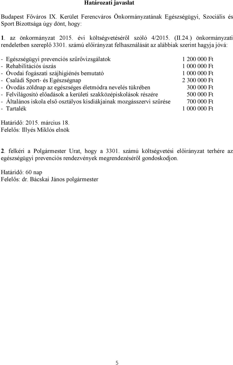 számú előirányzat felhasználását az alábbiak szerint hagyja jóvá: - Egészségügyi prevenciós szűrővizsgálatok 1 200 000 Ft - Rehabilitációs úszás 1 000 000 Ft - Óvodai fogászati szájhigiénés bemutató