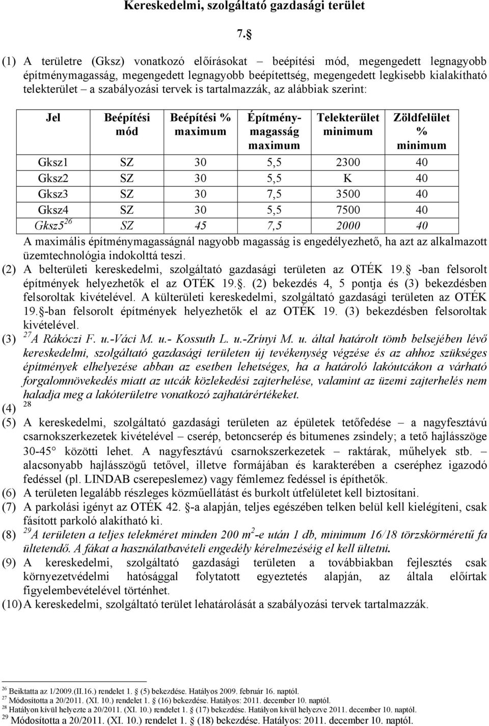 szabályozási tervek is tartalmazzák, az alábbiak szerint: Jel Beépítési mód Beépítési % Építménymagasság Telekterület Zöldfelület % Gksz1 SZ 30 5,5 2300 40 Gksz2 SZ 30 5,5 K 40 Gksz3 SZ 30 7,5 3500