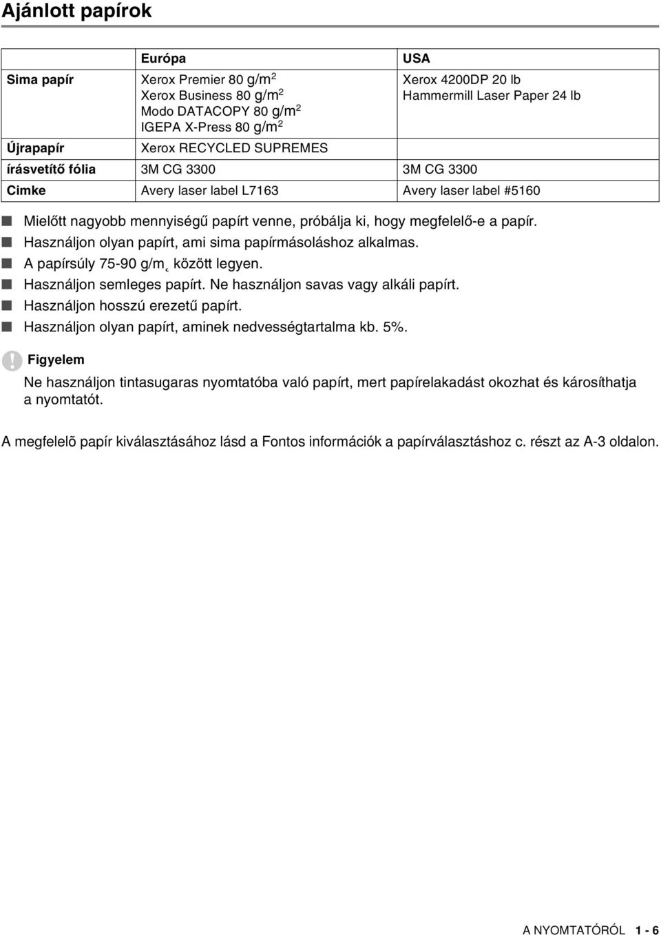 Használjon hosszú erezetű papírt. Használjon olyan papírt, aminek nedvességtartalma kb. 5%.