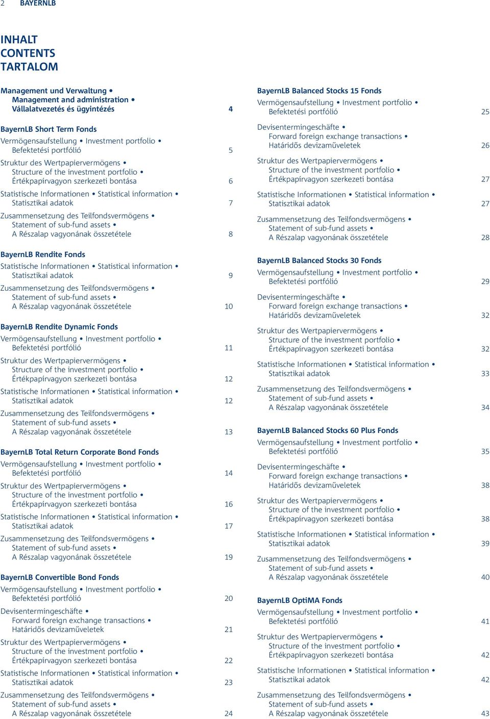 adatok 7 Zusammensetzung des Teilfondsvermögens Statement of sub-fund assets A Részalap vagyonának összetétele 8 BayernLB Rendite Fonds Statistische Informationen Statistical information Statisztikai