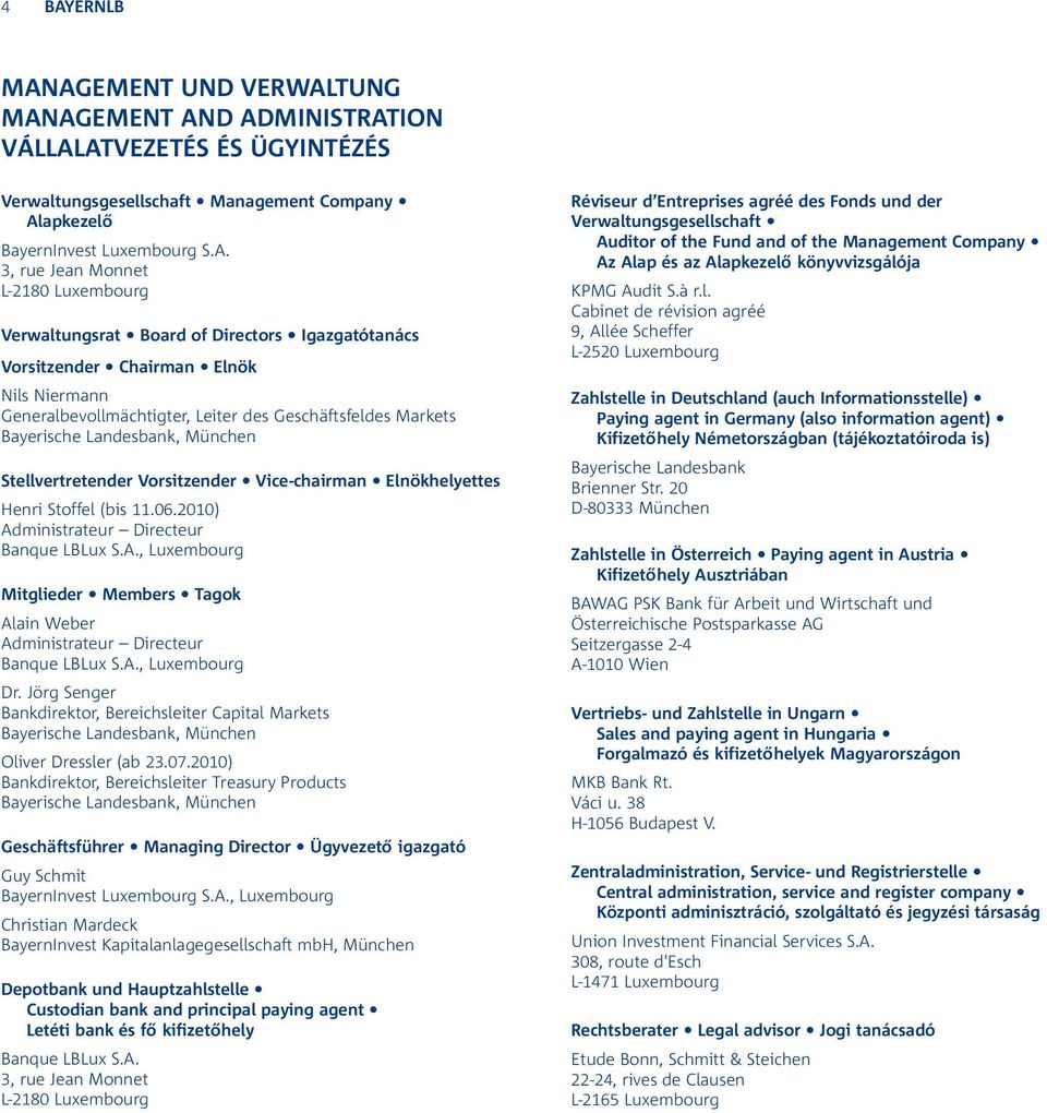 Stellvertretender Vorsitzender Vice-chairman Elnökhelyettes Henri Stoffel (bis 11.06.2010) Administrateur Directeur Banque LBLux S.A., Luxembourg Mitglieder Members Tagok Alain Weber Administrateur Directeur Banque LBLux S.