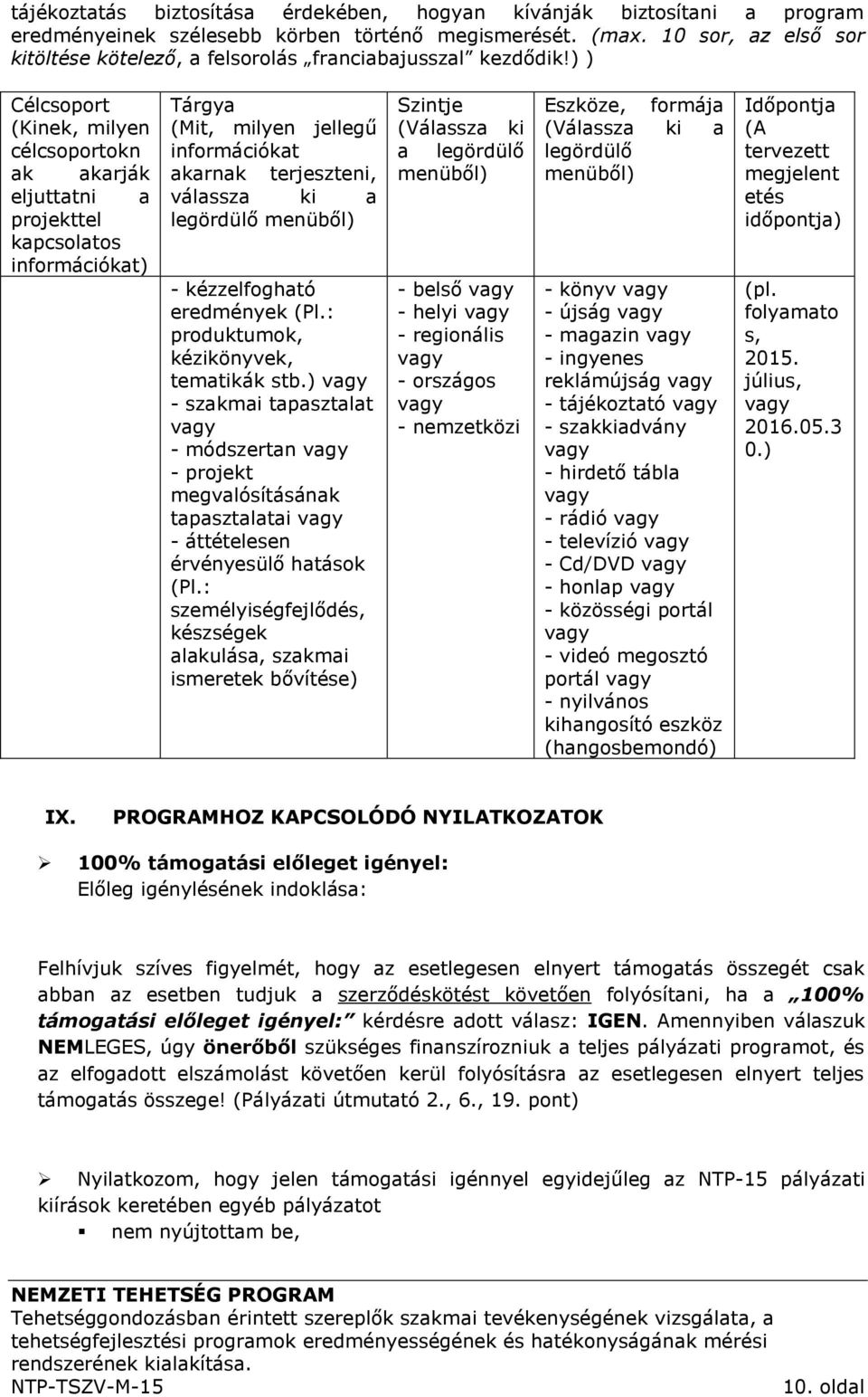 ) ) Célcsoport (Kinek, milyen célcsoportokn ak akarják eljuttatni a projekttel kapcsolatos információkat) Tárgya (Mit, milyen jellegű információkat akarnak terjeszteni, válassza ki a legördülő