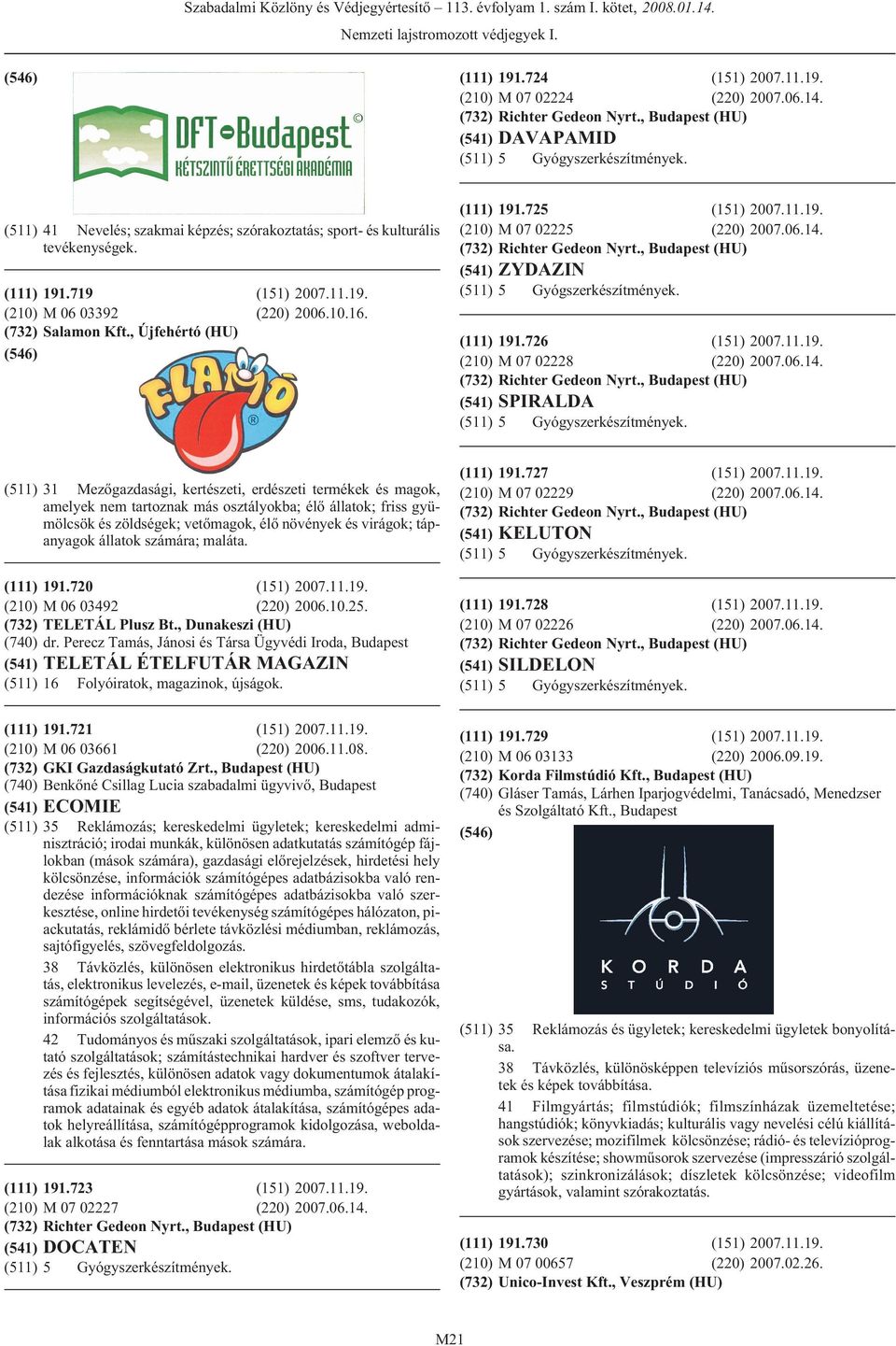 06.14. Richter Gedeon Nyrt., (HU) (541) SPIRALDA (511) 5 Gyógyszerkészítmények.