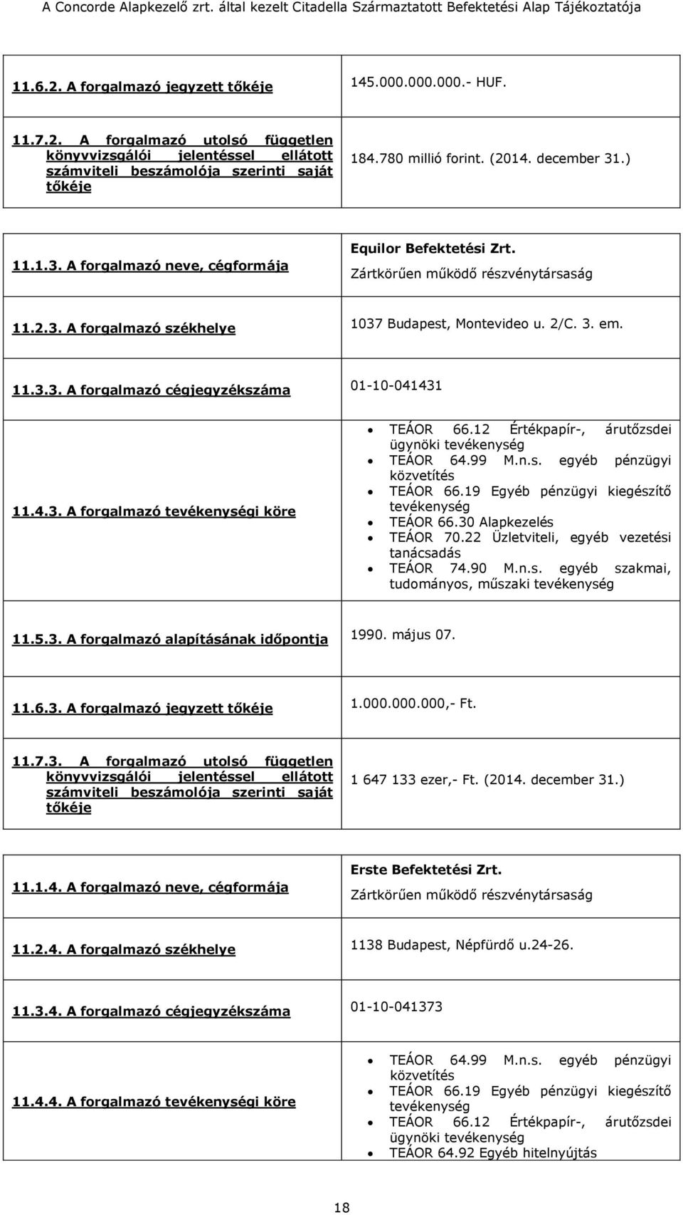 2/C. 3. em. 11.3.3. A forgalmazó cégjegyzékszáma 01-10-041431 11.4.3. A forgalmazó tevékenységi köre TEÁOR 66.12 Értékpapír-, árutőzsdei ügynöki tevékenység TEÁOR 64.99 M.n.s. egyéb pénzügyi közvetítés TEÁOR 66.