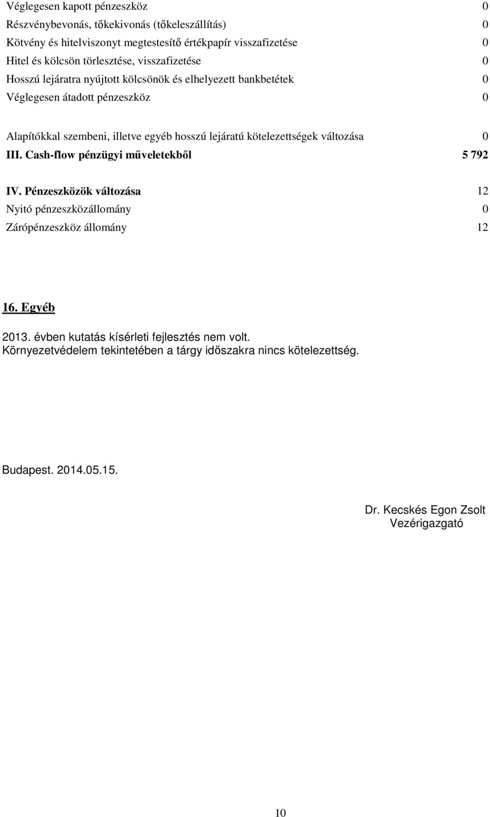 lejáratú kötelezettségek változása 0 III. Cash-flow pénzügyi műveletekből 5 792 IV. Pénzeszközök változása 12 Nyitó pénzeszközállomány 0 Zárópénzeszköz állomány 12 16.