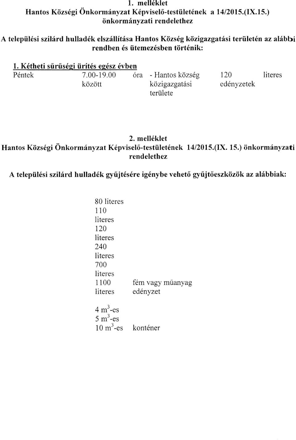 Kétheti sűrűségi ürítés egész évben Péntek 7.00-19.00 óra - Hantos község 120 literes között közigazgatási edényzetek területe 2.