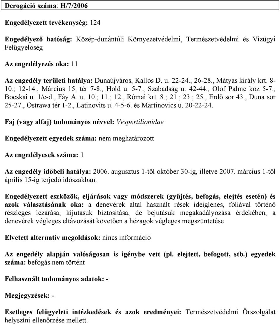 8.; 21.; 23.; 25., Erdő sor 43., Duna sor 25-27., Ostrawa tér 1-2., Latinovits u. 4-5-6. és Martinovics u. 20-22-24.