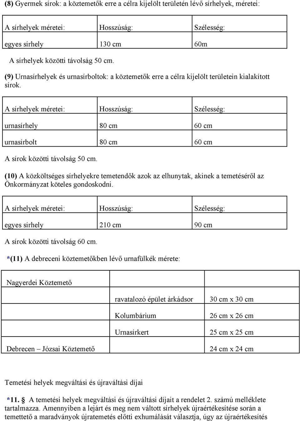 A sírhelyek méretei: Hosszúság: Szélesség: urnasírhely 80 cm 60 cm urnasírbolt 80 cm 60 cm A sírok közötti távolság 50 cm.