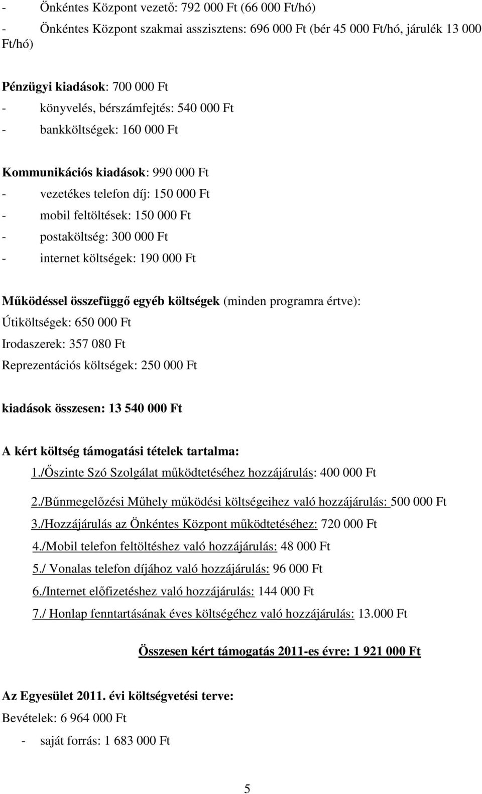 költségek: 190 000 Ft Mőködéssel összefüggı egyéb költségek (minden programra értve): Útiköltségek: 650 000 Ft Irodaszerek: 357 080 Ft Reprezentációs költségek: 250 000 Ft kiadások összesen: 13 540