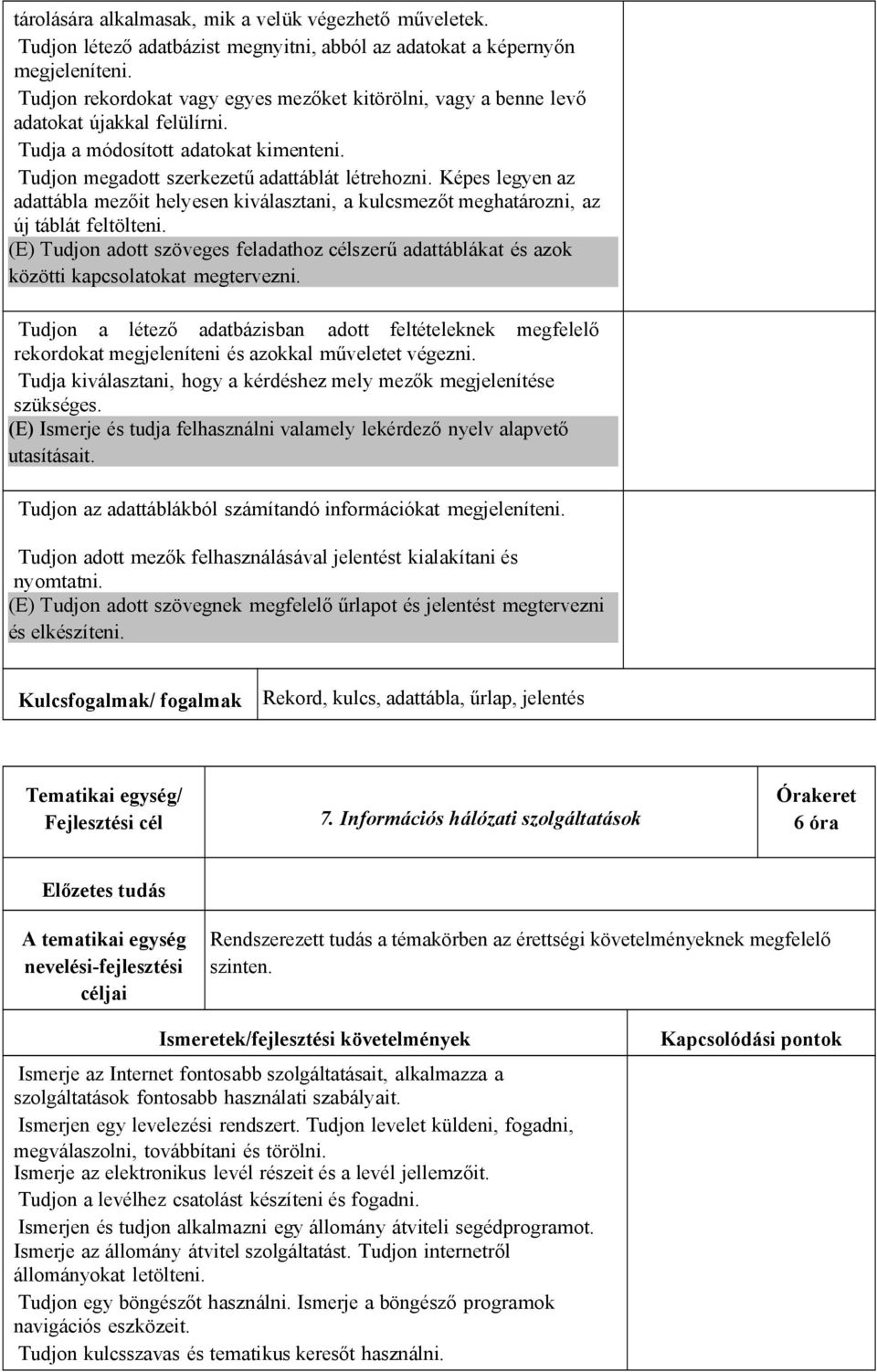 Képes legyen az adattábla mezőit helyesen kiválasztani, a kulcsmezőt meghatározni, az új táblát feltölteni.