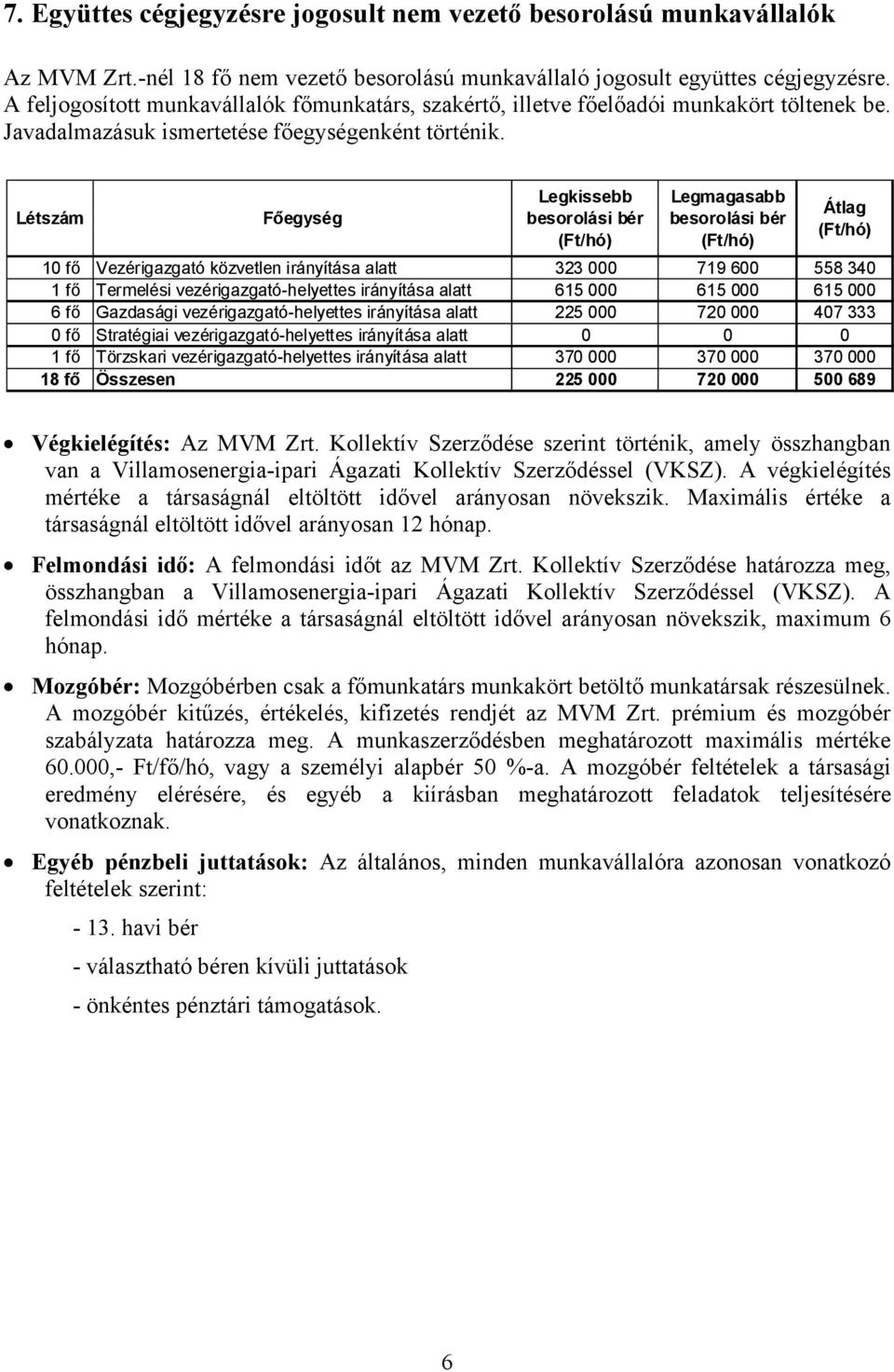 Létszám Főegység Legkissebb besorolási bér Legmagasabb besorolási bér Átlag 10 fő Vezérigazgató közvetlen irányítása alatt 323 000 719 600 558 340 1 fő Termelési vezérigazgató-helyettes irányítása