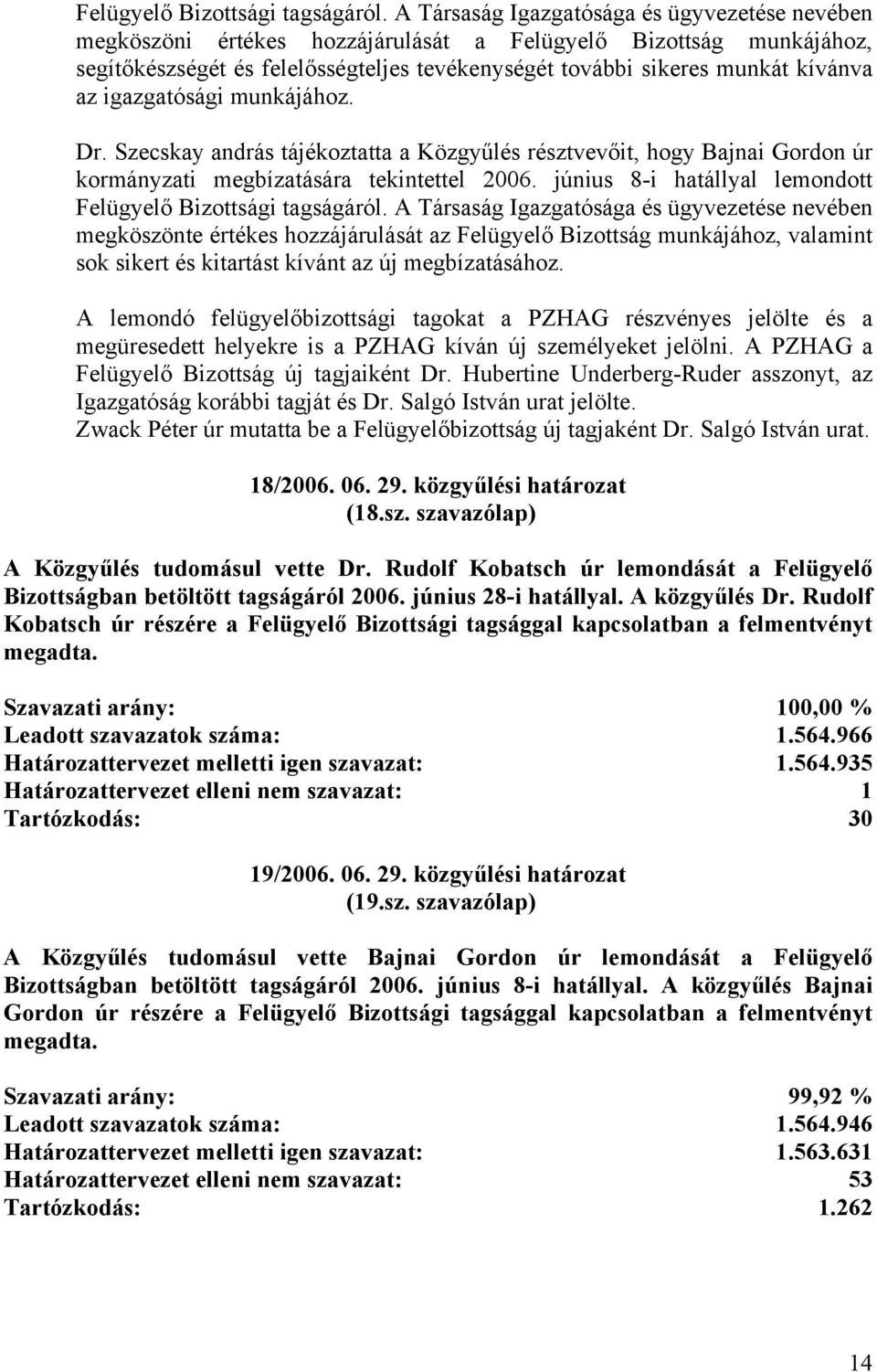 igazgatósági munkájához. Dr. Szecskay andrás tájékoztatta a Közgyűlés résztvevőit, hogy Bajnai Gordon úr kormányzati megbízatására tekintettel 2006.