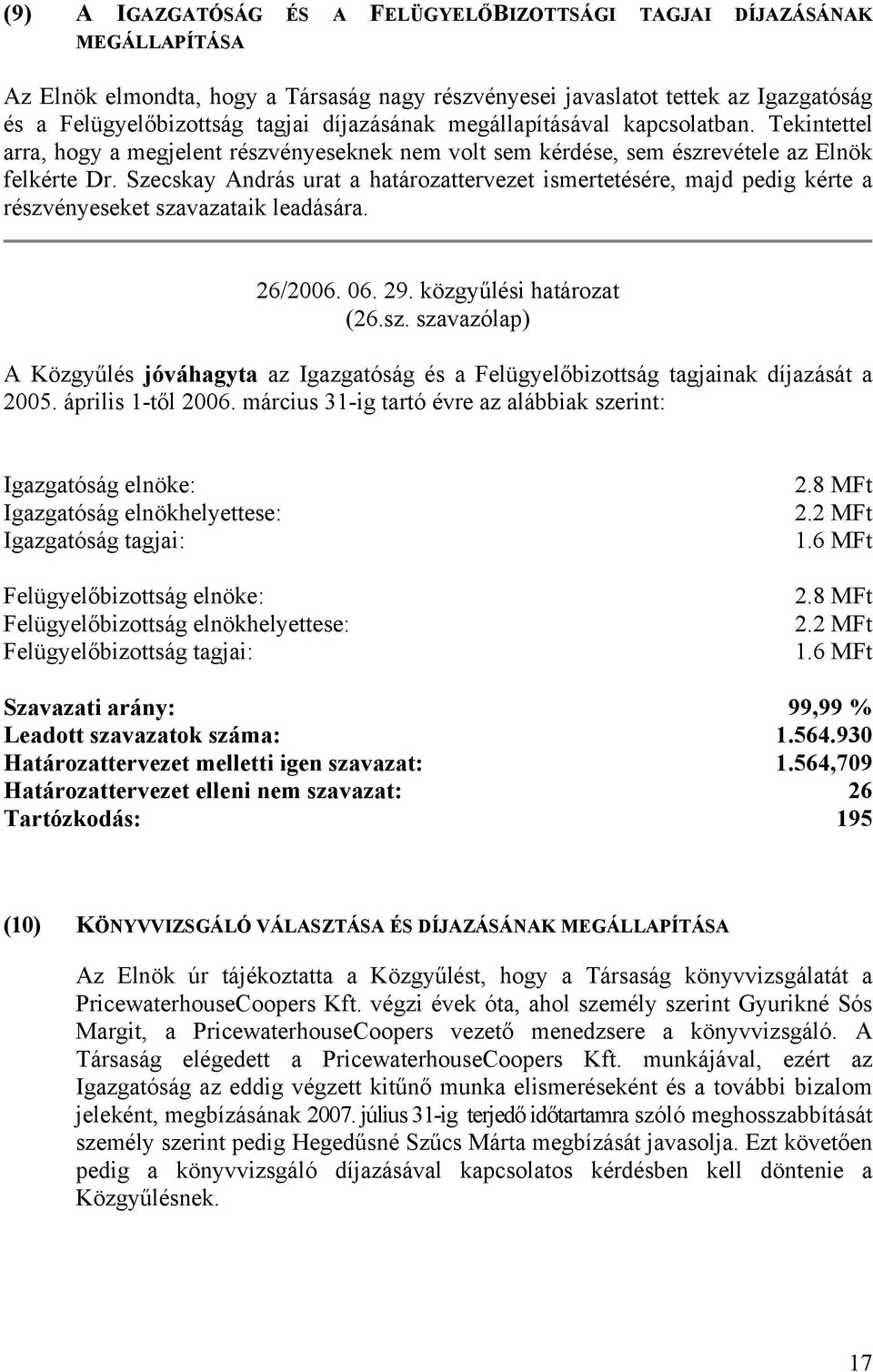 Szecskay András urat a határozattervezet ismertetésére, majd pedig kérte a részvényeseket szavazataik leadására. 26/2006. 06. 29. közgyűlési határozat (26.sz. szavazólap) A Közgyűlés jóváhagyta az Igazgatóság és a Felügyelőbizottság tagjainak díjazását a 2005.