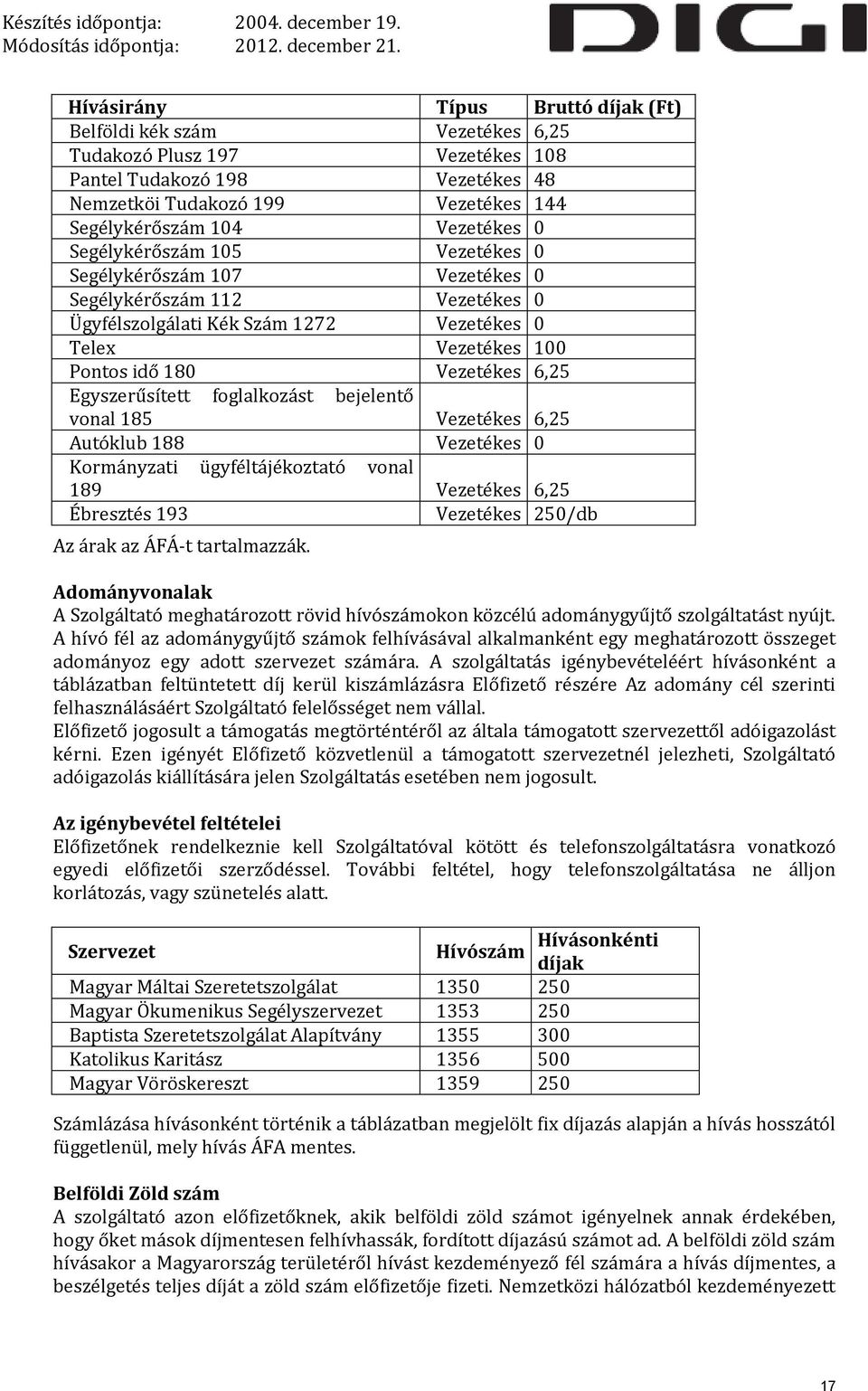 Egyszerűsített foglalkozást bejelentő vonal 185 Vezetékes 6,25 Autóklub 188 Vezetékes 0 Kormányzati ügyféltájékoztató vonal 189 Vezetékes 6,25 Ébresztés 193 Vezetékes 250/db Az árak az ÁFÁ-t