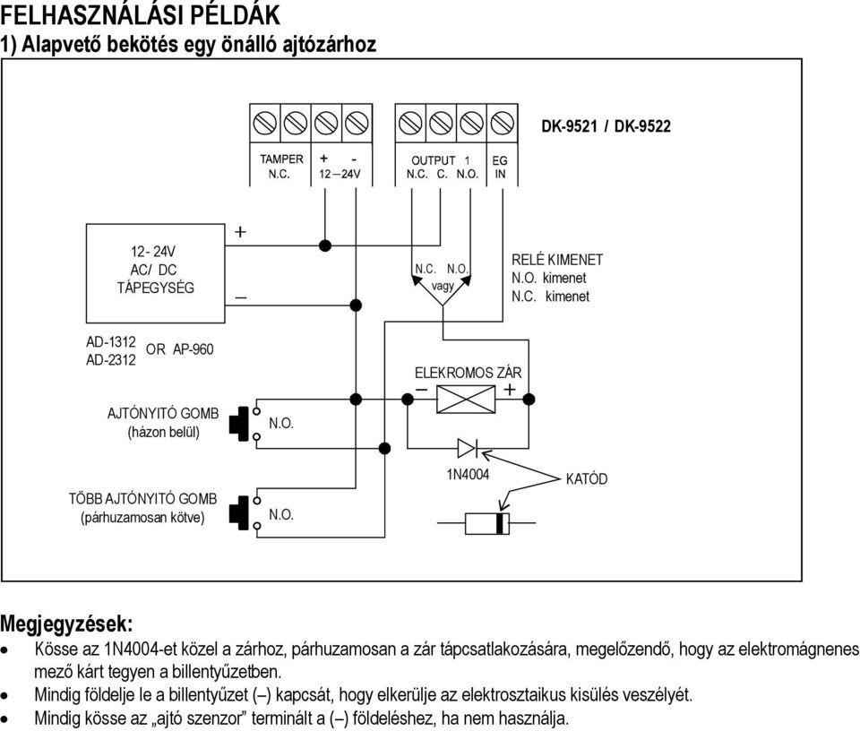 O. 1N4004 KATÓD Megjegyzések: Kösse az 1N4004-et közel a zárhoz, párhuzamosan a zár tápcsatlakozására, megelőzendő, hogy az elektromágnenes mező kárt tegyen