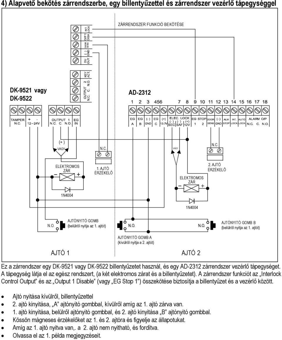 ajtót) AJTÓ 1 AJTÓNYITÓ GOMB A (kívülrôl nyitja a 2. ajtót) AJTÓ 2 Ez a zárrendszer egy DK-9521 vagy DK-9522 billentyűzetet használ, és egy AD-2312 zárrendszer vezérlő tápegységet.