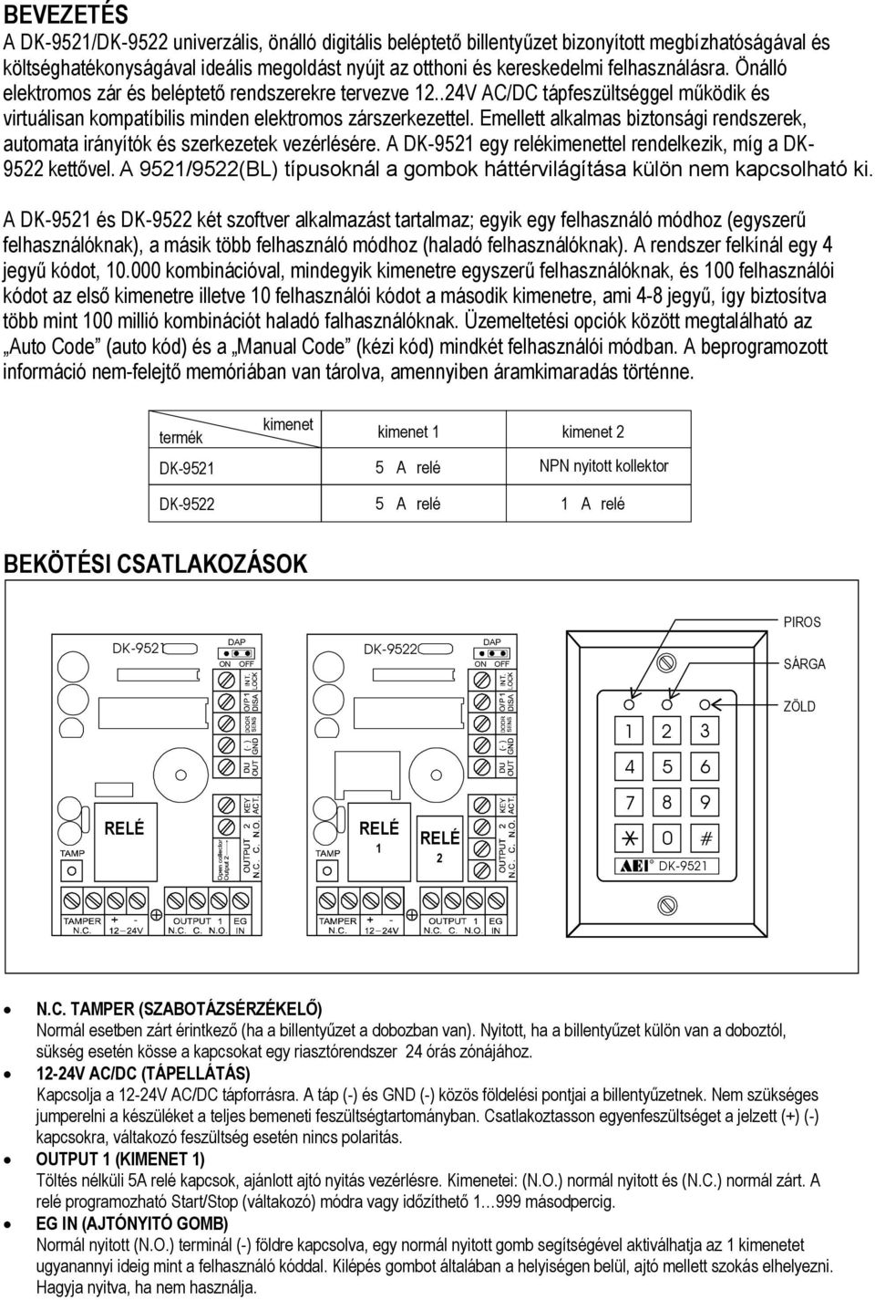 Emellett alkalmas biztonsági rendszerek, automata irányítók és szerkezetek vezérlésére. A DK-9521 egy relékimenettel rendelkezik, míg a DK- 9522 kettővel.