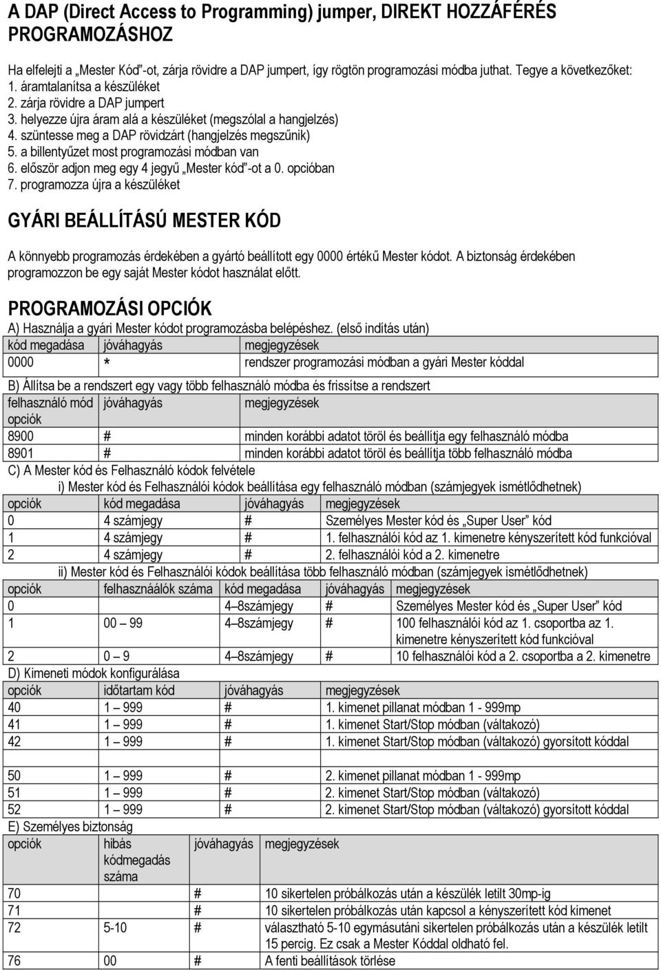 a billentyűzet most programozási módban van 6. először adjon meg egy 4 jegyű Mester kód -ot a 0. opcióban 7.