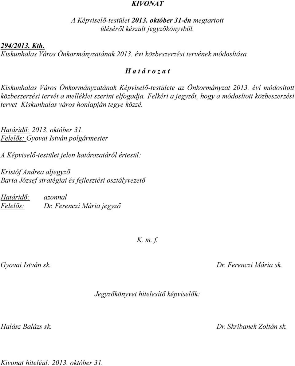 Felkéri a jegyzőt, hogy a módosított közbeszerzési tervet Kiskunhalas város honlapján tegye közzé. Határidő: 2013. október 31.