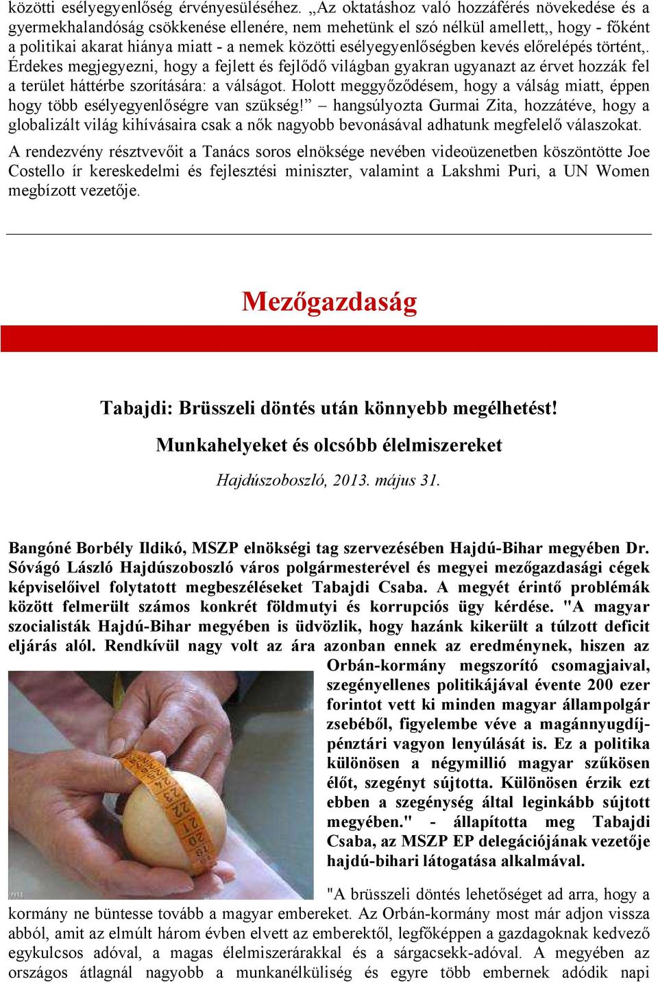esélyegyenlőségben kevés előrelépés történt,. Érdekes megjegyezni, hogy a fejlett és fejlődő világban gyakran ugyanazt az érvet hozzák fel a terület háttérbe szorítására: a válságot.