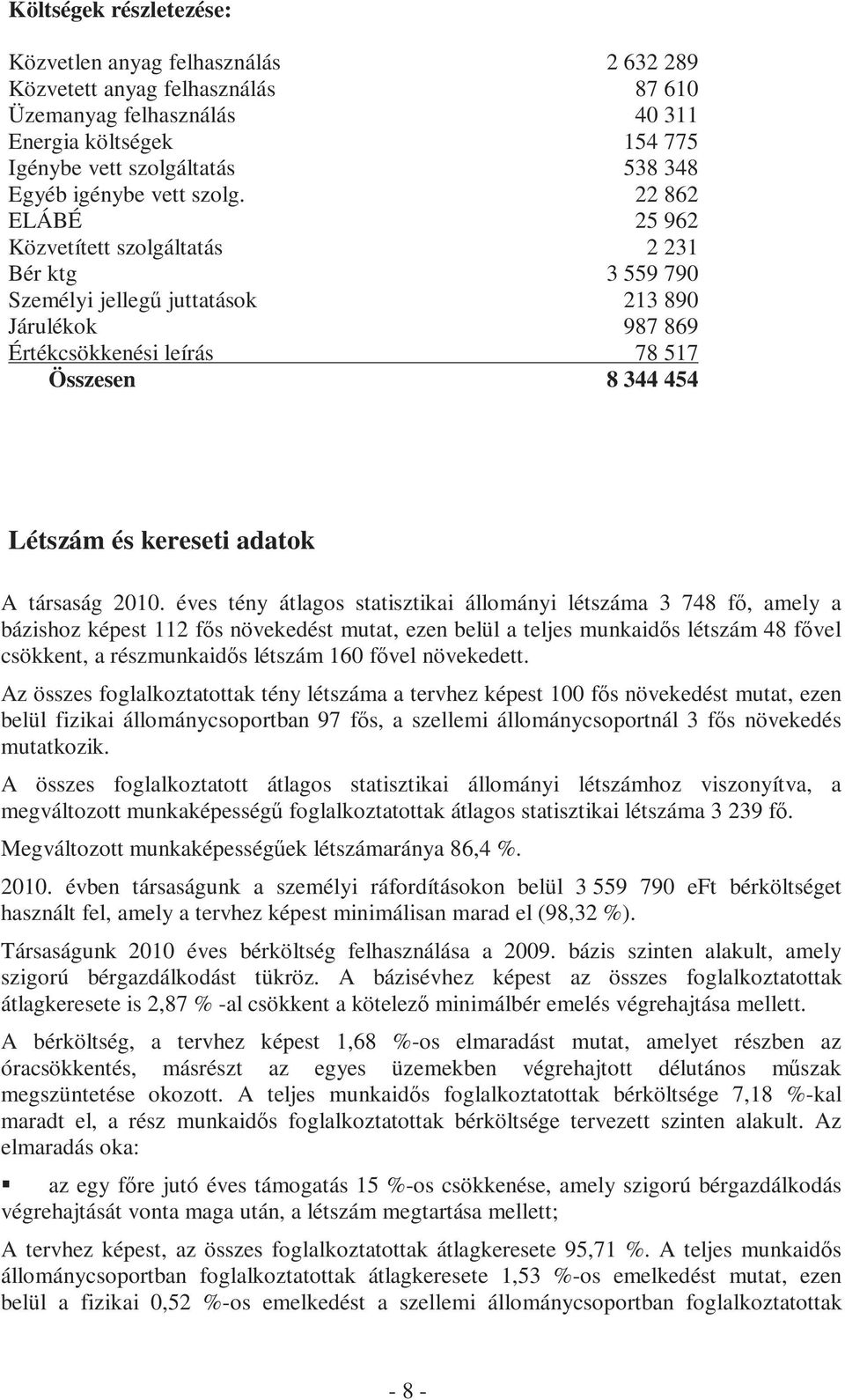 22 862 ELÁBÉ 25 962 Közvetített szolgáltatás 2 231 Bér ktg 3 559 790 Személyi jellegő juttatások 213 890 Járulékok 987 869 Értékcsökkenési leírás 78 517 Összesen 8 344 454 Létszám és kereseti adatok