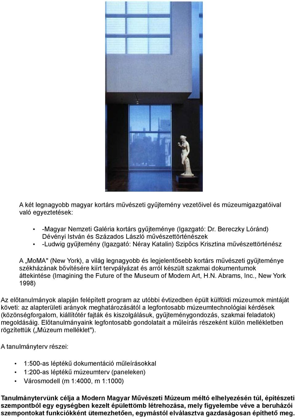 legjelentősebb kortárs művészeti gyűjteménye székházának bővítésére kiírt tervpályázat és arról készült szakmai dokumentumok áttekintése (Imagining the Future of the Museum of Modern Art, H.N.