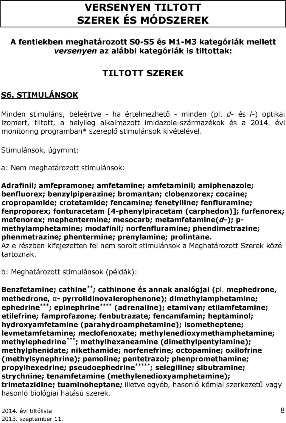 évi monitoring programban* szereplő stimulánsok kivételével.