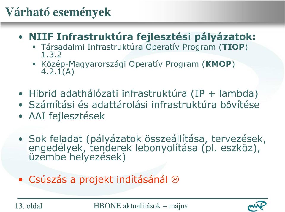 adattárolási infrastruktúra bővítése AAI fejlesztések Sok feladat (pályázatok összeállítása, tervezések, engedélyek,