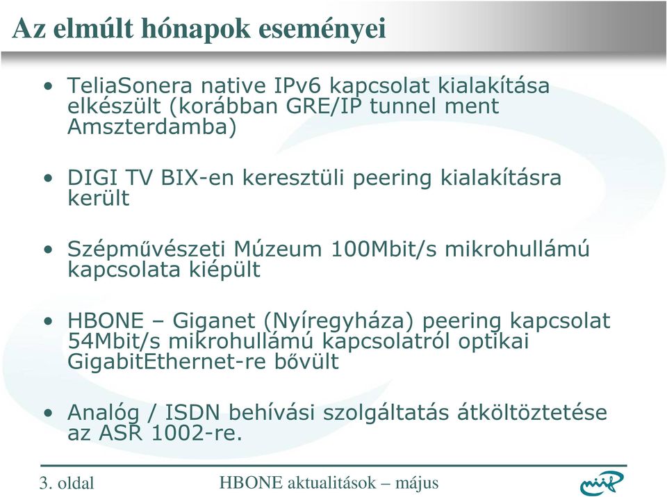 kapcsolata kiépült HBONE Giganet (Nyíregyháza) peering kapcsolat 54Mbit/s mikrohullámú kapcsolatról optikai