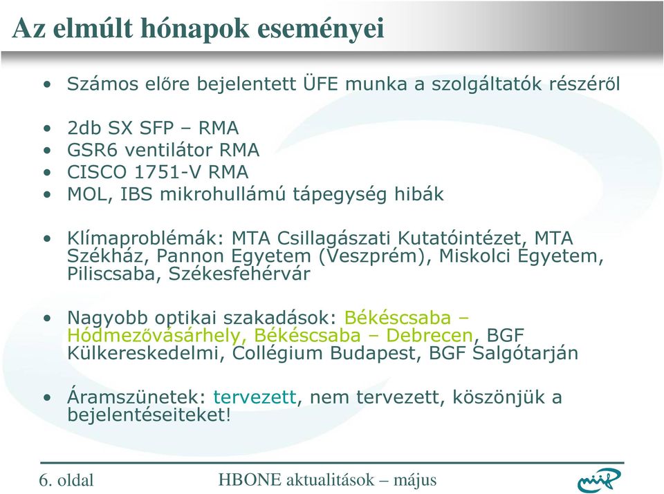 Miskolci Egyetem, Piliscsaba, Székesfehérvár Nagyobb optikai szakadások: Békéscsaba Hódmezővásárhely, Békéscsaba Debrecen, BGF