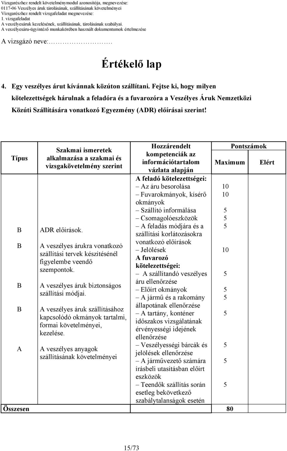 Típus A Szakmai ismeretek alkalmazása a szakmai és vizsgakövetelmény szerint ADR előírások. A veszélyes árukra vonatkozó szállítási tervek készítésénél figyelembe veendő szempontok.