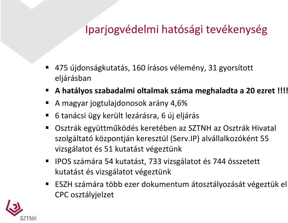 !!! A magyar jogtulajdonosok arány 4,6% 6 tanácsi ügy került lezárásra, 6 új eljárás Osztrák együttműködés keretében az SZTNH az Osztrák Hivatal
