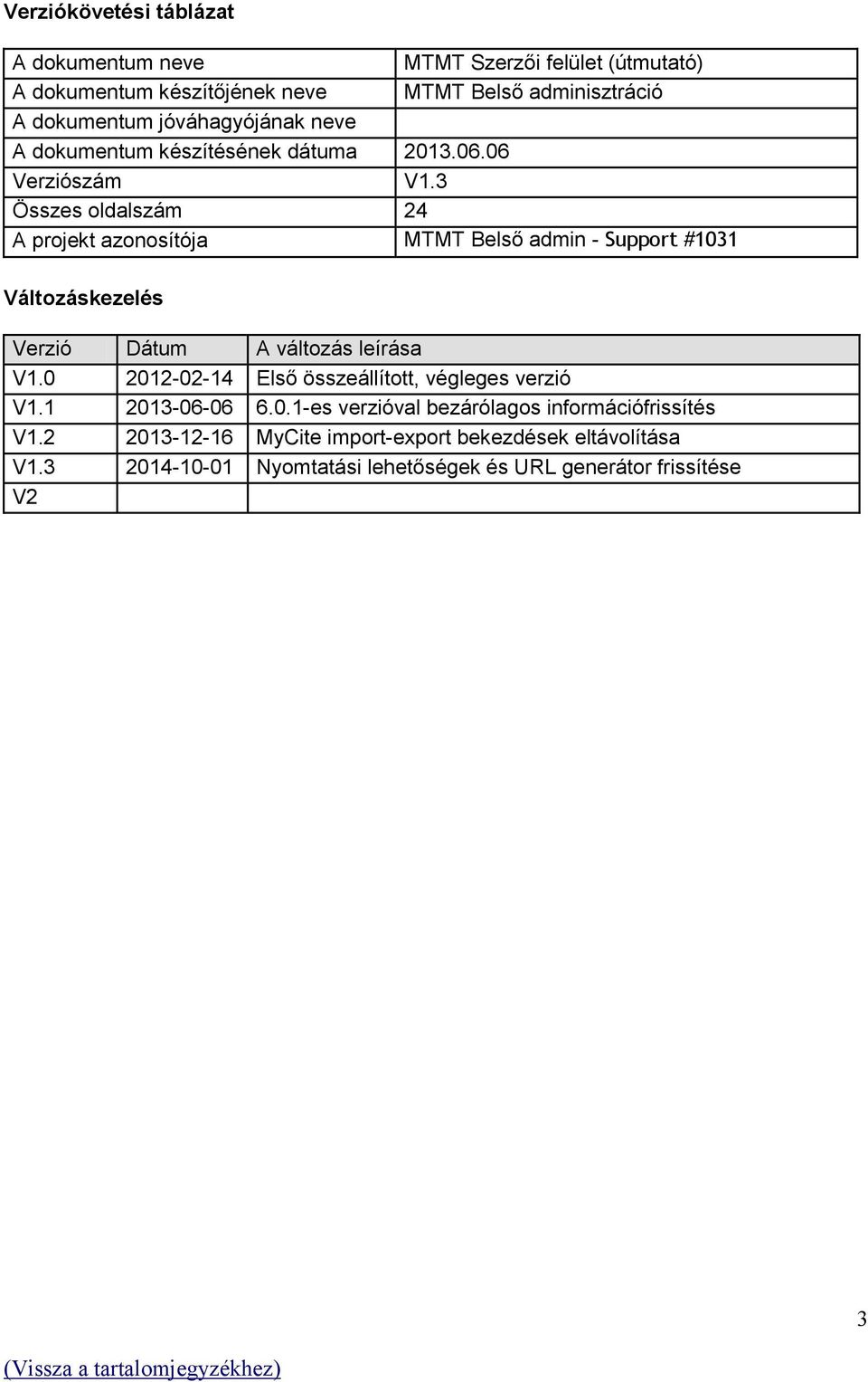 3 Összes oldalszám 24 A projekt azonosítója MTMT Belső admin - Support #1031 Változáskezelés Verzió Dátum A változás leírása V1.