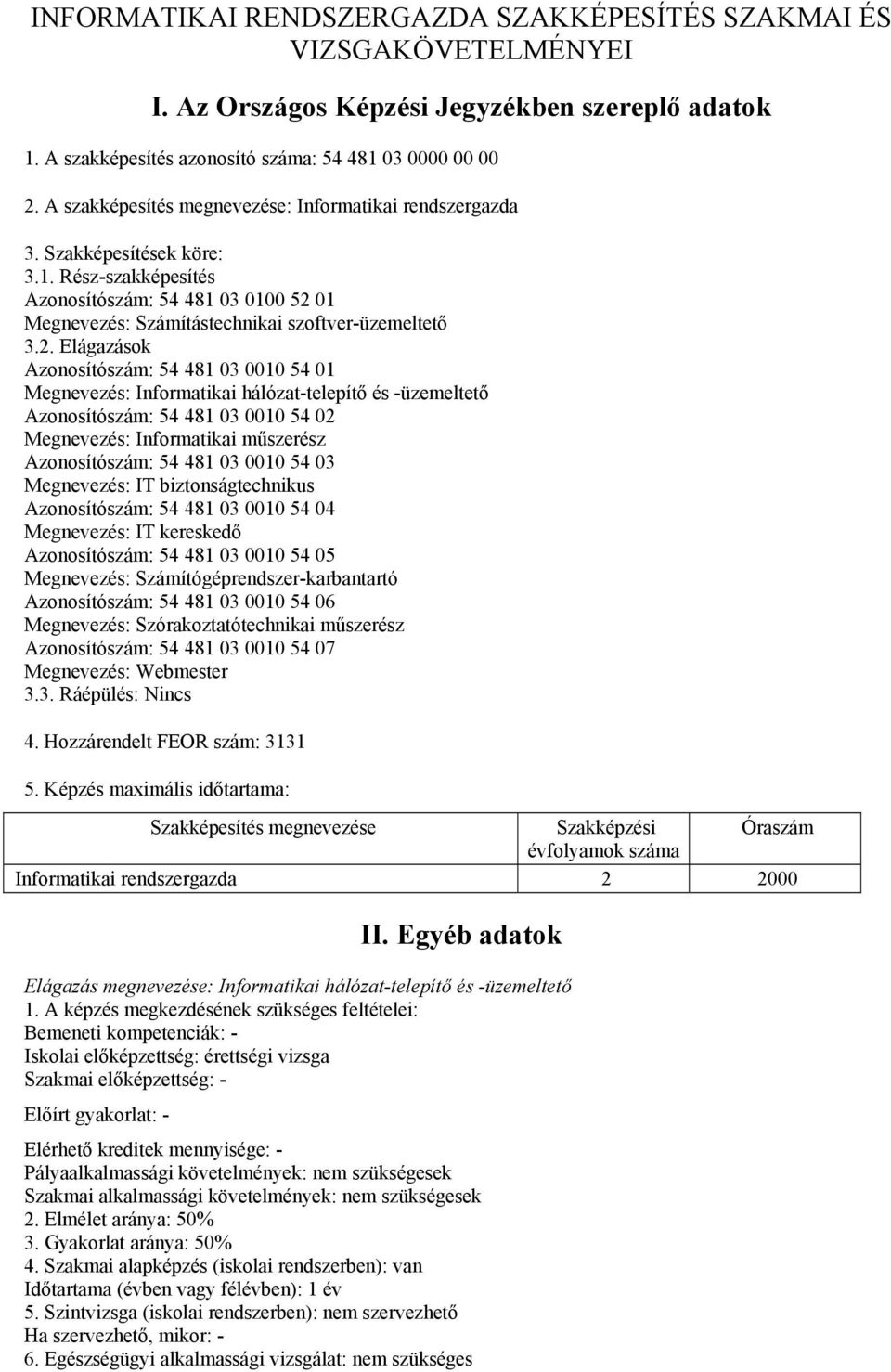 01 Megnevezés: Számítástechnikai szoftver-üzemeltető 3.2.