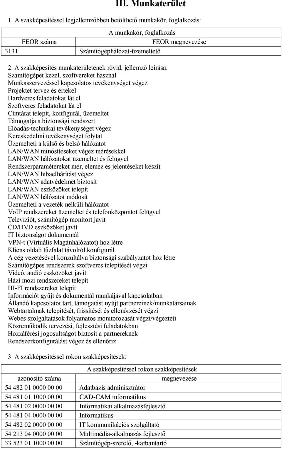 lát el Szoftveres feladatokat lát el Címtárat telepít, konfigurál, üzemeltet Támogatja a biztonsági rendszert Előadás-technikai tevékenységet végez Kereskedelmi tevékenységet folytat Üzemelteti a