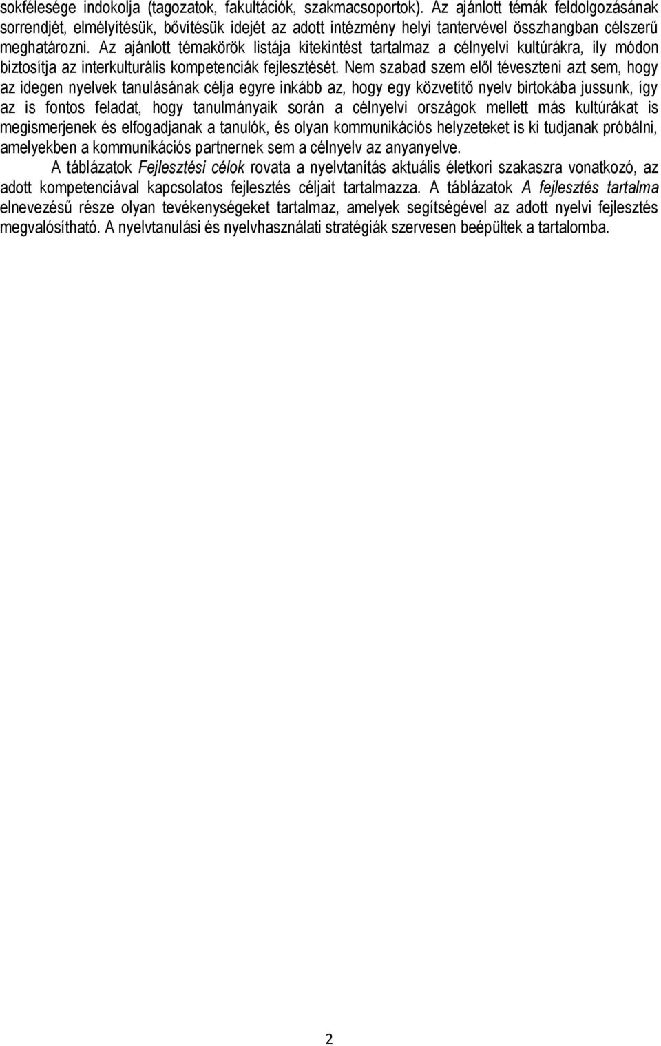 Az ajánlott témakörök listája kitekintést tartalmaz a célnyelvi kultúrákra, ily módon biztosítja az interkulturális kompetenciák fejlesztését.