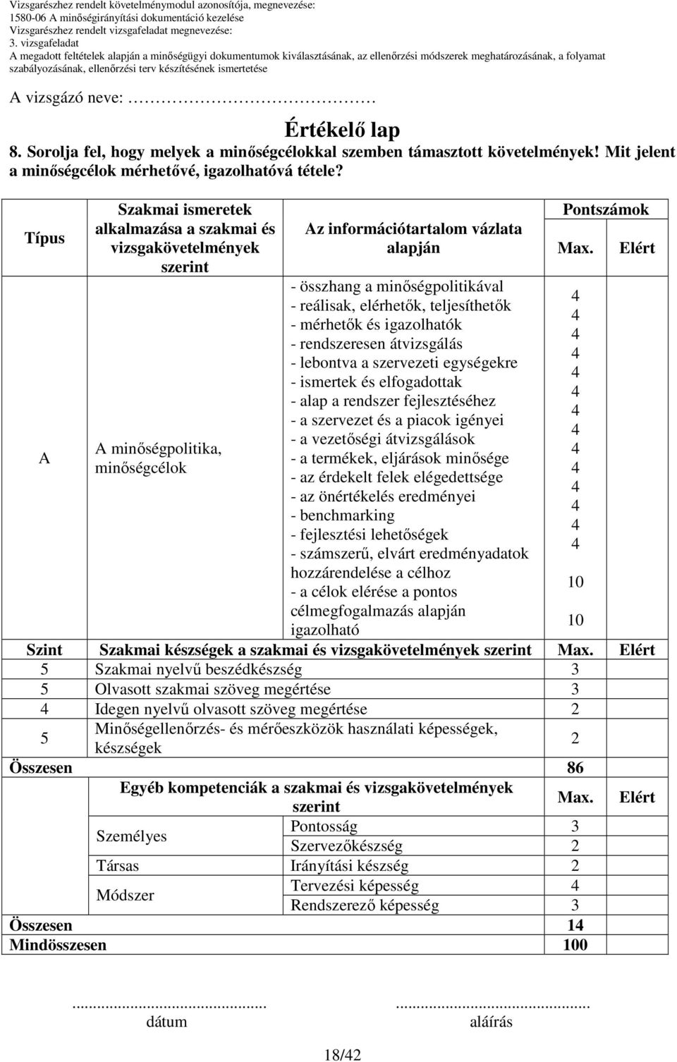 Típus Szakmai ismeretek alkalmazása a szakmai és vizsgakövetelmények minıségpolitika, minıségcélok z információtartalom vázlata alapján - összhang a minıségpolitikával - reálisak, elérhetık,