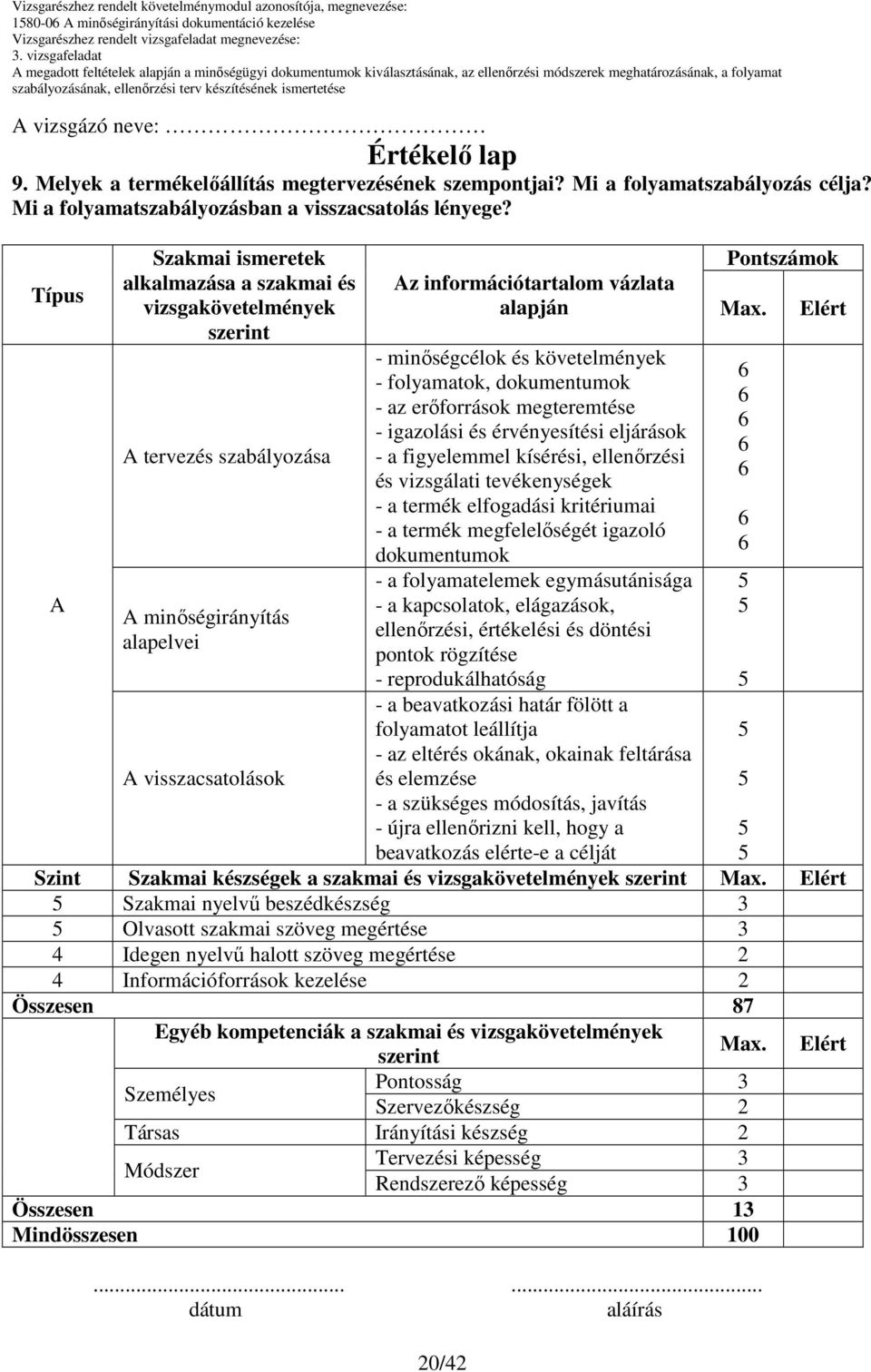 Típus Szakmai ismeretek alkalmazása a szakmai és vizsgakövetelmények tervezés szabályozása minıségirányítás alapelvei visszacsatolások z információtartalom vázlata alapján - minıségcélok és