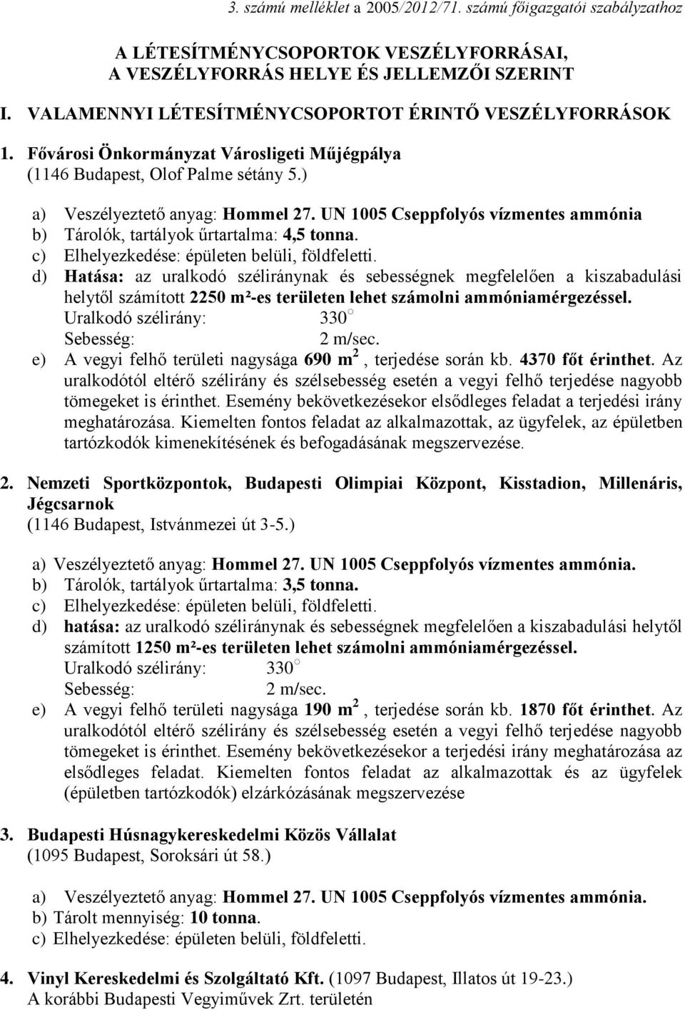 UN 1005 Cseppfolyós vízmentes ammónia b) Tárolók, tartályok űrtartalma: 4,5 tonna. c) Elhelyezkedése: épületen belüli, földfeletti.