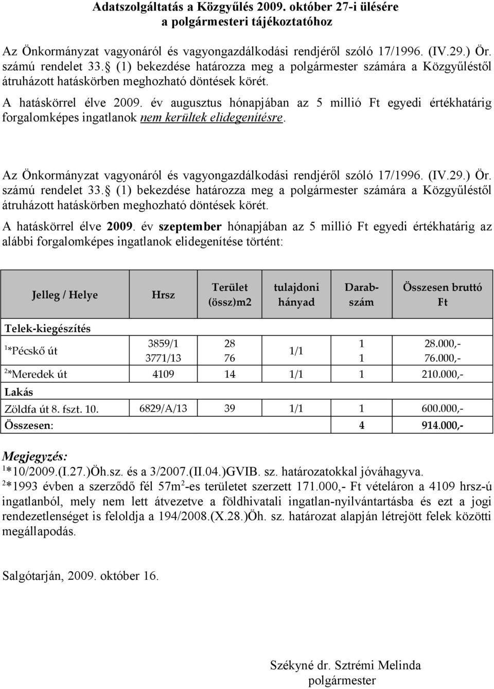 év augusztus hónapjában az 5 millió Ft egyedi értékhatárig forgalomképes ingatlanok nem kerültek elidegenítésre. Az Önkormányzat vagyonáról és vagyongazdálkodási rendjéről szóló 7/996. (IV.29.) Ör.